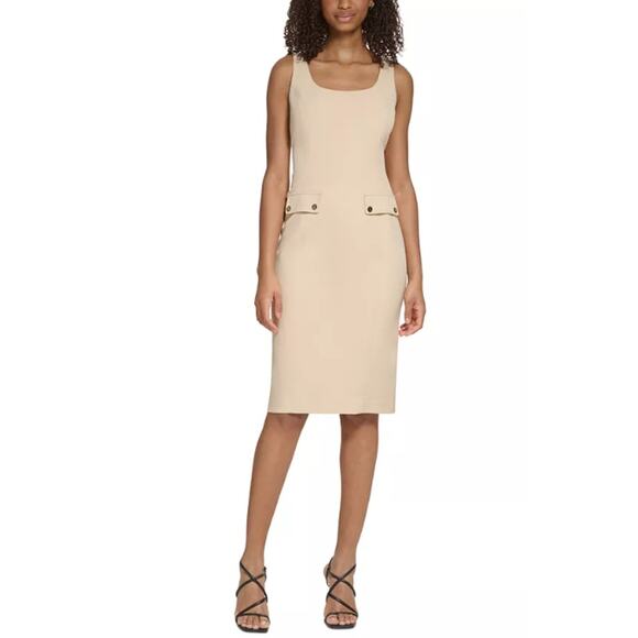 Karl Lagerfeld Tan Crepe Sleeveless Knee Length Scoop Neck Sheath Dress 6/SM NWT - Picture 1 of 16